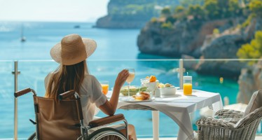 A lady with long brown hair, brown straw hat and white blouse is sitting in a brown leather wheelchair overlooking a clear blue sea in front of a table. She is holding a glass in her right hand with breakfast laid out on the table. An empty chair is sitting next to her.